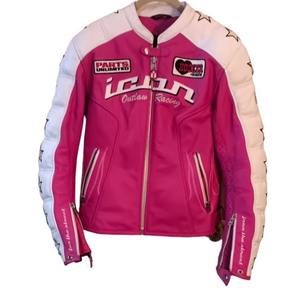 Icon Kitty outlaw racing leather riding jacket, extra large, pink/white